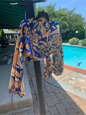 Nasty Gal Blue Multi Paisley Tie-Front Blouse